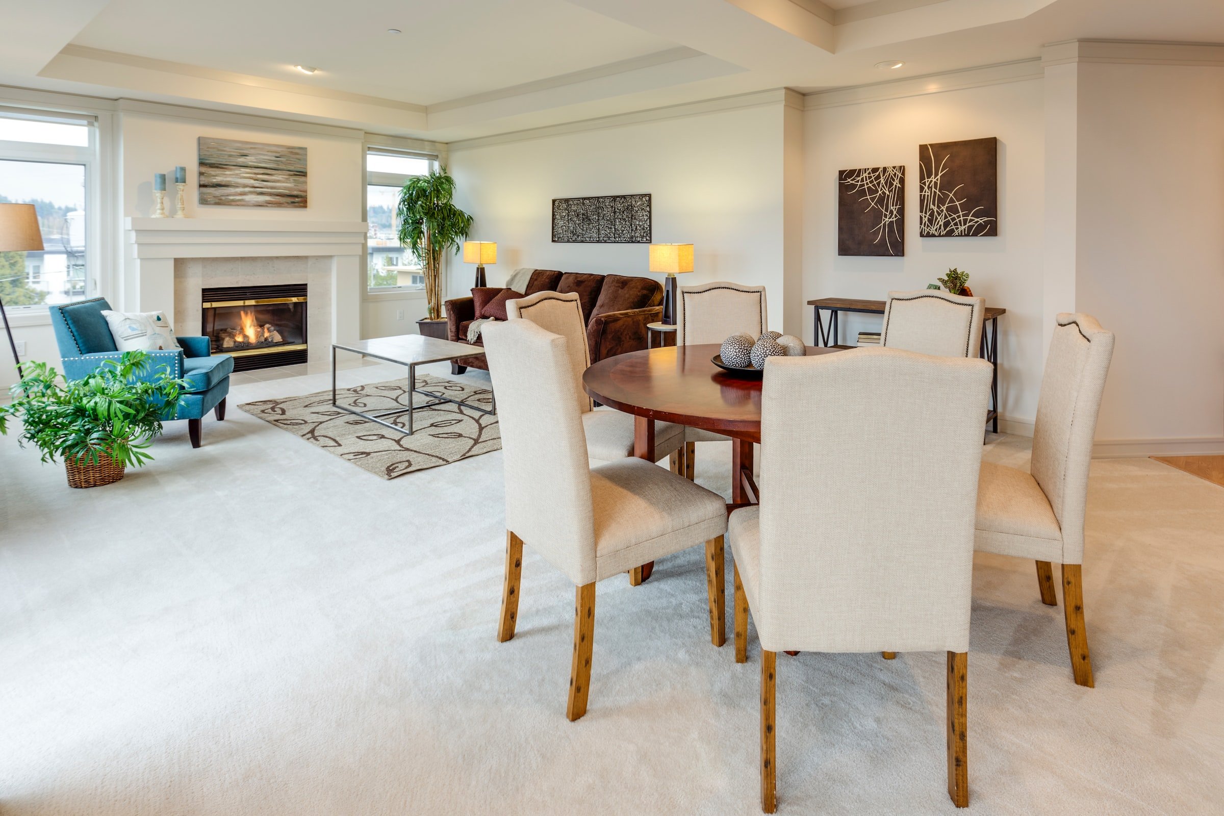 Apartment with light beige carpet flooring